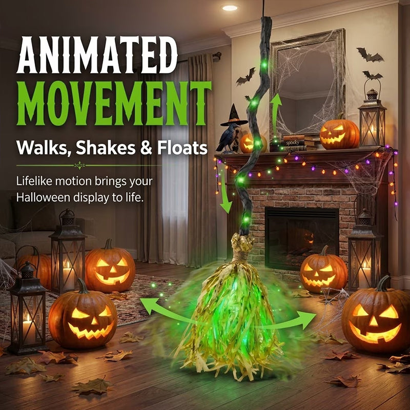Glowing Witch Broom with Sound Effects – Auto Bouncing Halloween Decor, Haunted House Party Prop, Indoor Decoration Gift