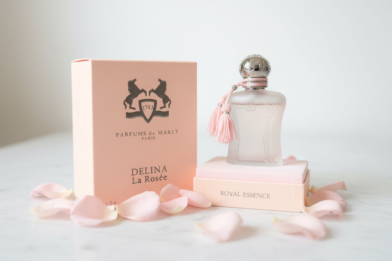 Parfums de Marly Delina La Rosée perfume bottle and packaging on a textured surface