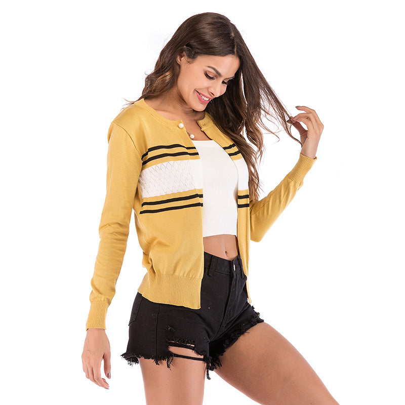 Women's yellow striped knit button cardigan