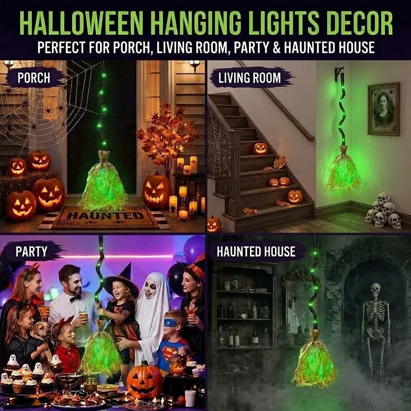 Glowing Witch Broom with Sound Effects – Auto Bouncing Halloween Decor, Haunted House Party Prop, Indoor Decoration Gift
