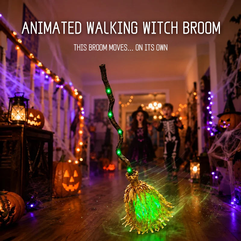 Glowing Witch Broom with Sound Effects – Auto Bouncing Halloween Decor, Haunted House Party Prop, Indoor Decoration Gift