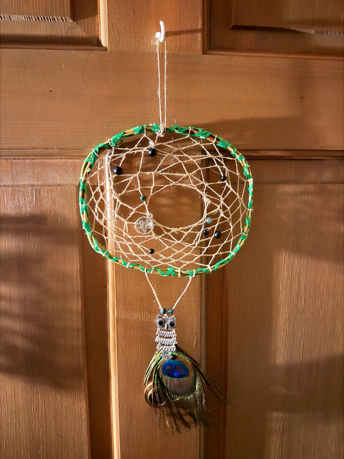 Green Owl & Peacock Feather Dreamcatcher