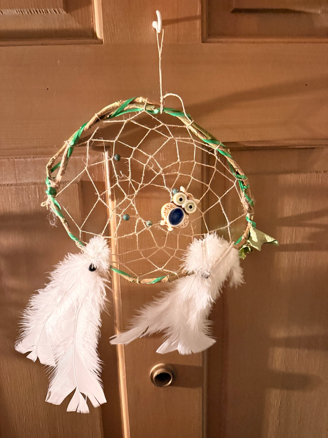Green Owl & White Feather Dreamcatcher