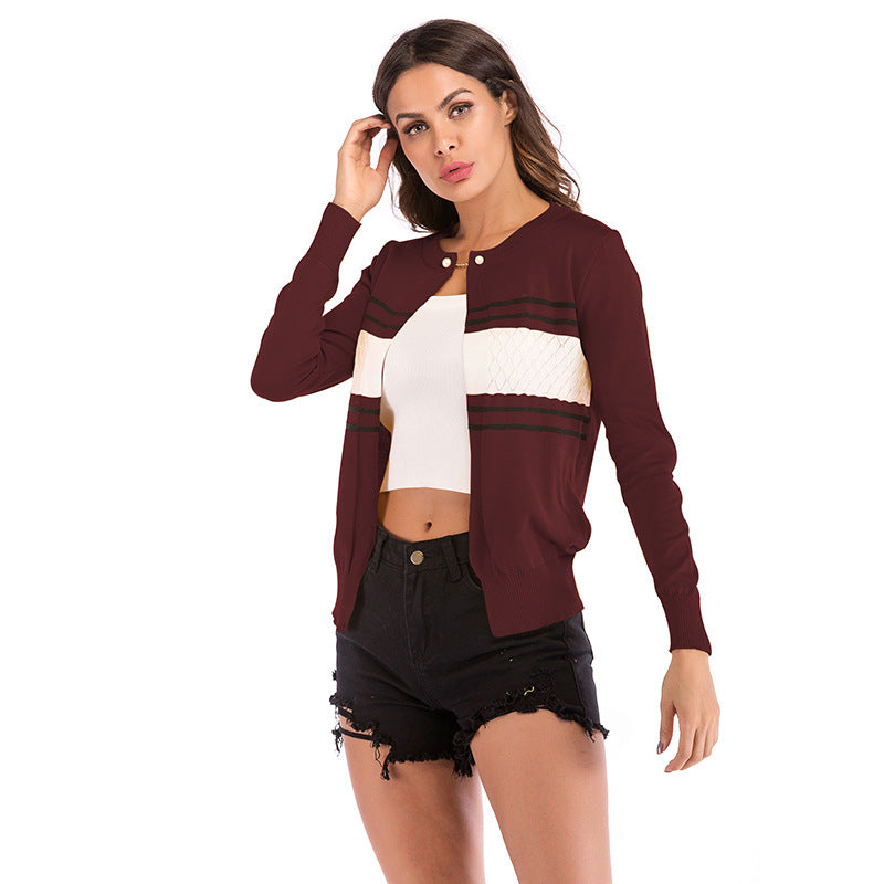 Women's wine red striped knit button cardigan